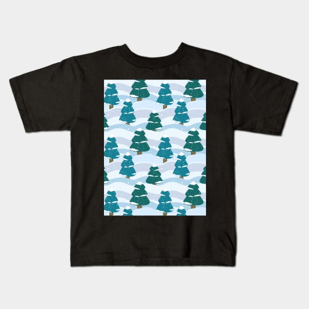 Snowy Winter Pine Trees Kids T-Shirt by tanyadraws